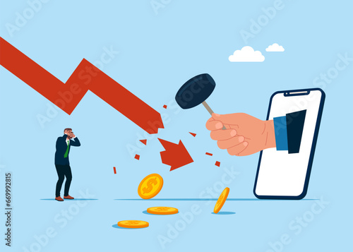 Uses sledgehammer and breaks falling chart. Flat vector illustration