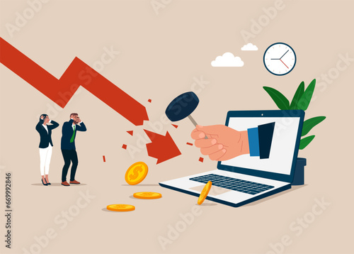 Using sledgehammer crash huge red falling arrow. Restraint fall in stock quote. Flat vector illustration