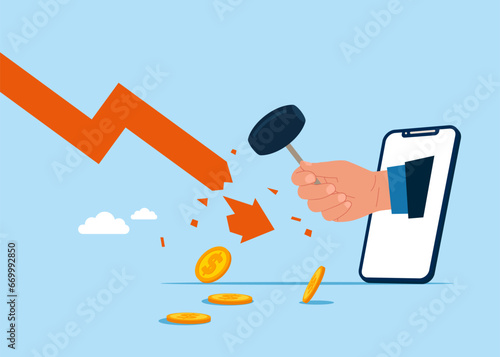 Using sledgehammer crash huge red falling arrow. Economic crisis. Flat vector illustration