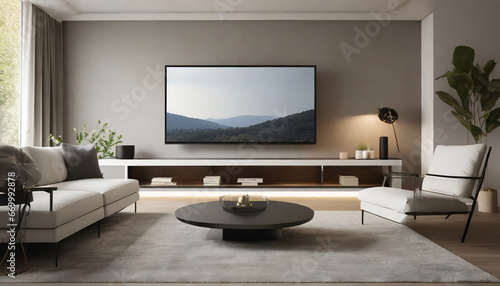 cozy living room shot of tv with horizontal screen mockup