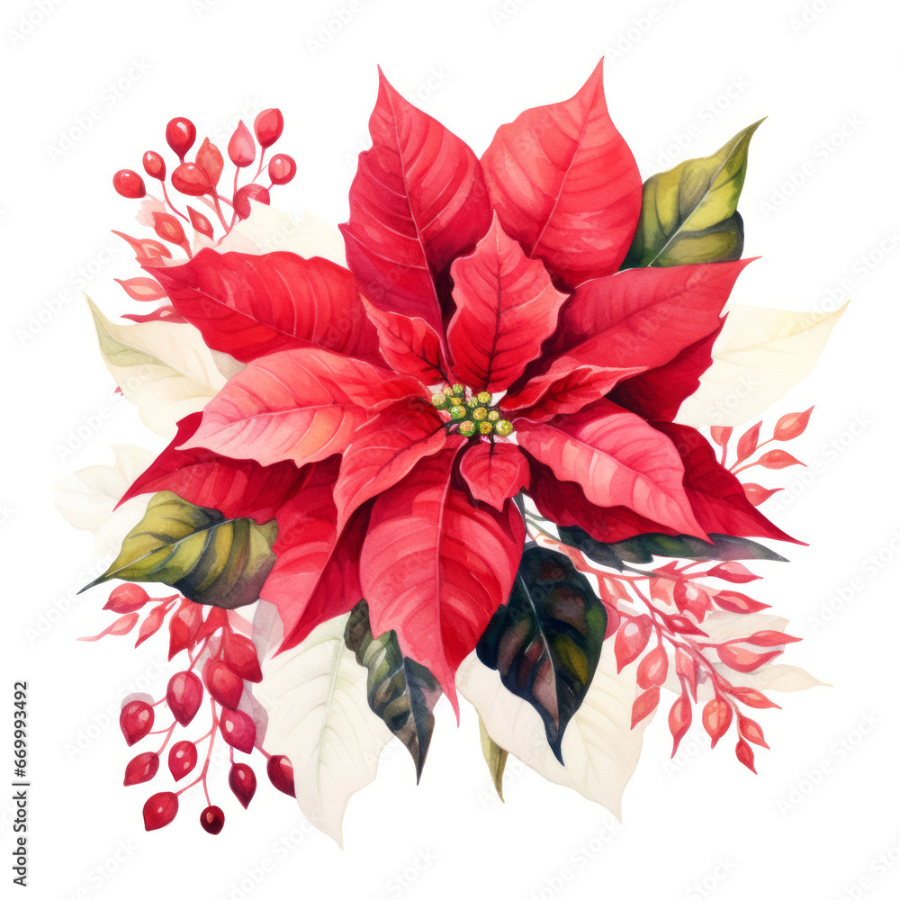 Hand painted poinsettia watercolor branch Christmas design on white background