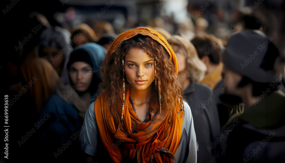 Dazzling Diversity - Woman Stands Out in Orange Scarf Amidst the Crowd