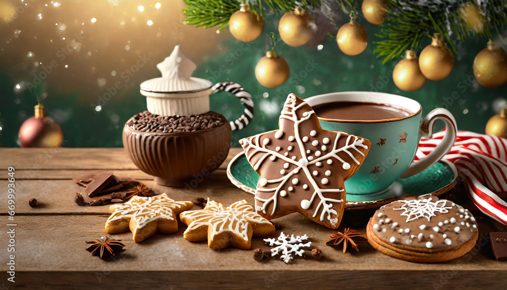ai generated ai generative merry christmas xmas new year gingerbread sweet cookies with chocolate cocoa coffee on wooden table mockup decoration graphic art