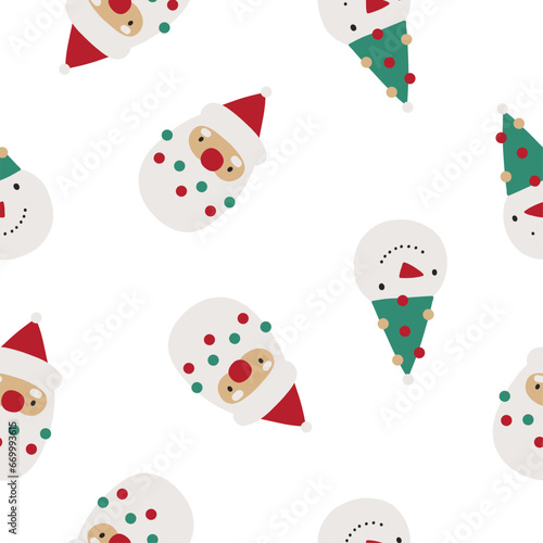 Cute Cartoon Christmas vector seamless pattern with Santa and Snowman