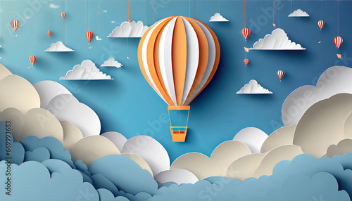 air balloon clouds and sky paper cutting wallpaper origami 3d creative composition for banner landing page background