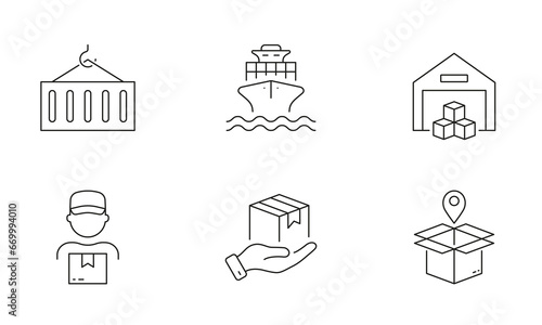 Distribution and Logistic Line Icon Set. Warehouse, Transportation, Cargo Linear Pictogram Collection. Outline Symbol. International Boat Shipping Sign. Editable Stroke. Isolated Vector Illustration