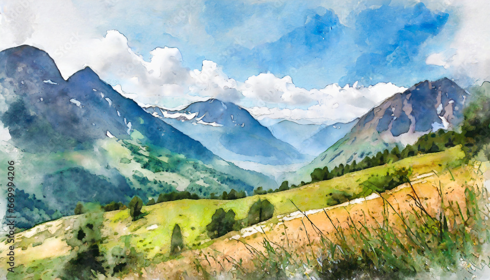 ai generated ai generative watercolor drawing painting mountains landscape background outdoor nature adventure travel hiking trekking inspiration graphic art