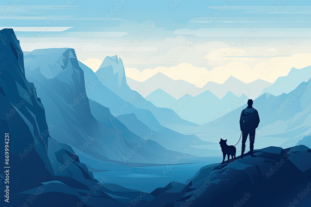 Fototapeta premium man and dog stand on a cliff with mountain view illustration