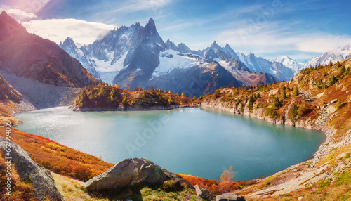 panoramic autumn view of cheserys lake with mount blank on background chamonix location spectacular outdoor scene of vallon de berard nature preserve alps france europe