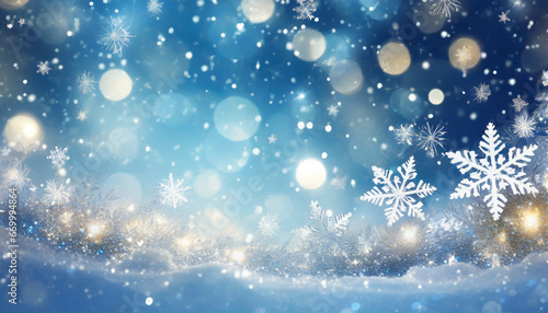 winter wonderland sparkling snowflakes on glittery blue bokeh background © Nichole