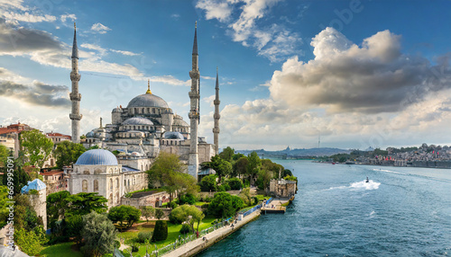 hagia sophia and the blue mosque in istanbul with the bosphorus river photo