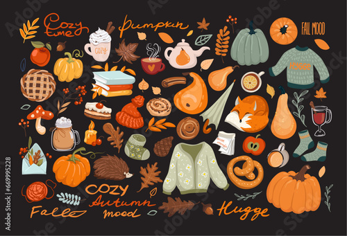 Autumn set with hand drawn elements. Calligraphy, fall leaves, animals and other.
