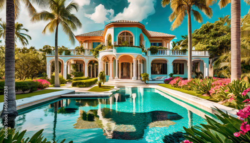 ai generated ai generative luxury mansion house villa florida usa miami building with garden and pool tropical vacation vibe graphic art photo