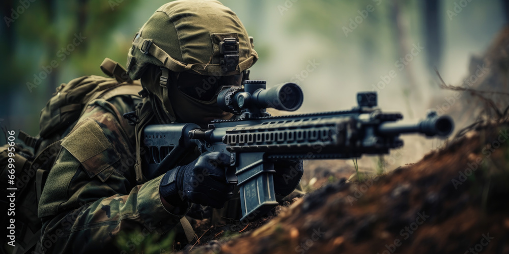 Soldier in camouflage with sniper rifle