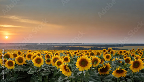 blooming yellow sunflowers in summer under the evening sky just after the sunset haze on the horizon focus on the sunflowers on the foreground