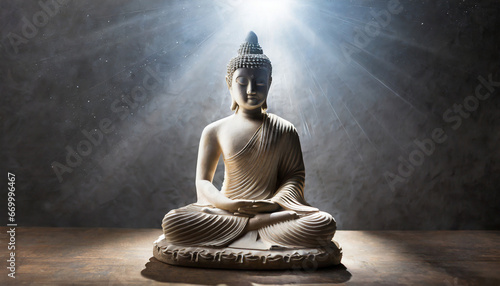 statue of spiritual teacher buddha in calm rest pose with shining light on a dark background generative ai