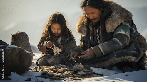 A father and his son of one of the people, outside in winter in warm clothing