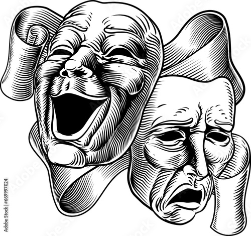 Theater or theatre drama comedy and tragedy masks in a vintage woodcut etching style