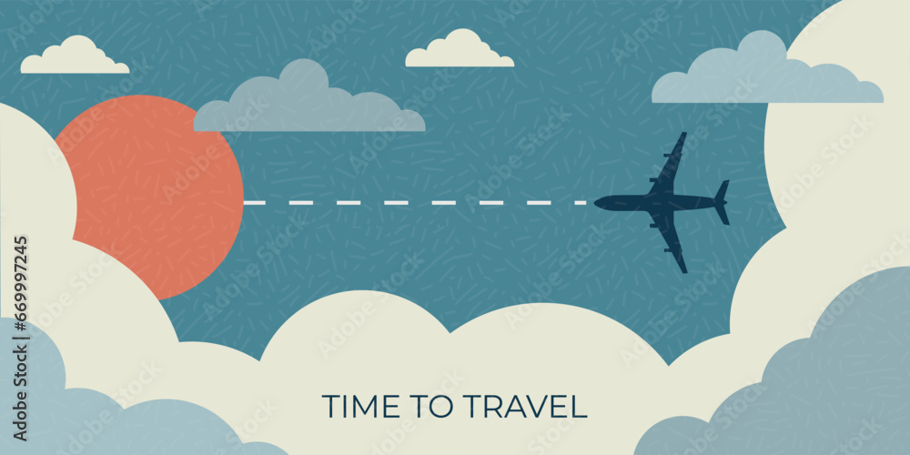 Vector layered sky, fluffy clouds, sun, plane flying over the clouds. Worldwide travel, air flight, time to travel concept for web banner, website page etc. Hand drawn - obrazy, fototapety, plakaty 