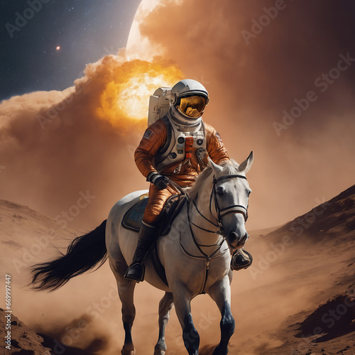 Ai image of Astronaut riding on horse on mars 