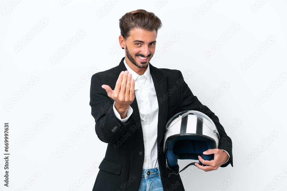 Business caucasian man isolated on white background inviting to come with hand. Happy that you came Business caucasian man isolated on white background inviting to come with hand. Happy that you came