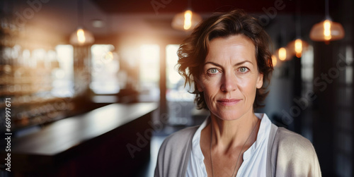 Lifestyle close up portrait of female bar manager standing in restaurant interior