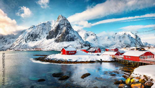 panoramic winter view of justad fishing village on vestvagoy island with snowy peaks on background gloomy morning scene of lofoten islands after huge snowfall traveling concept background photo