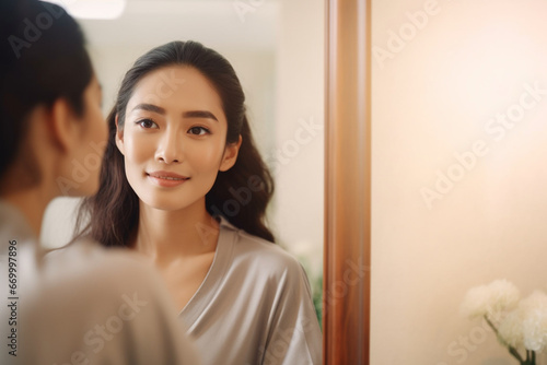 Portrait of a Beautiful Asian Woman Looking at herself in the Mirror Holding a Beauty Care Product