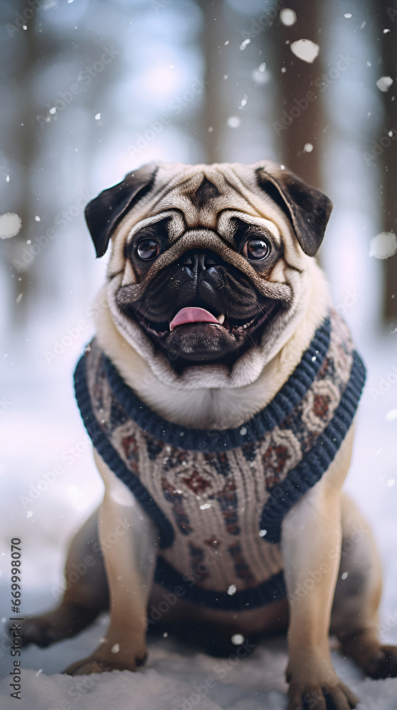 A beautiful Pug sitting outside in the snow in a jumper. Generative AI