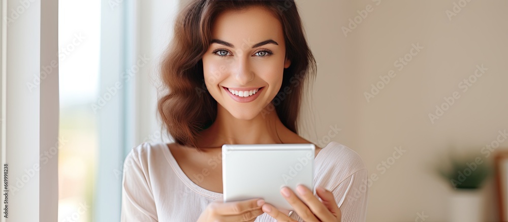 Happy woman using e reader at home with a smile - obrazy, fototapety, plakaty 