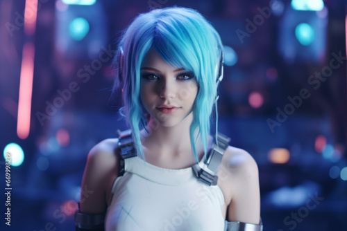 Portrait of a Beautiful Cyberpunk Cosplay Gamer with Blue Hair Looking at Camera with a Happy Smile, A Young, Excited Gamer Female in Futuristic Neon Room, Gaming and Streaming Concept