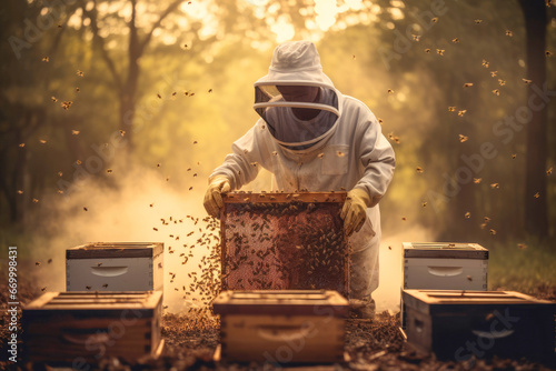 Organic honey collection by a beekeeper in protective costume photo