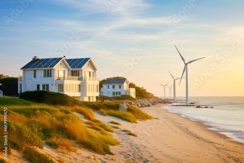 A coastal house with a view of offshore wind turbines, showcasing a perfect blend of real estate and renewable energy technology, providing a sustainable and eco-friendly living environment.