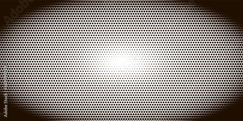 Monochrome pixel halftone ellipse gradient pattern. Texture of dots with color fading toward center. Vector retro illustration