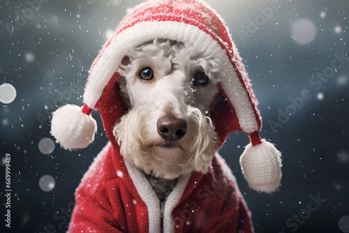 gray dog bedlington terrier whippet in red Christmas hat and jacket near on snowy background Greeting card New Year holidays photo