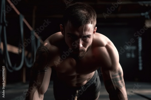 Portrait Of A Young Physically Fit Tattooed Man Showing His Well Trained Body - Muscular Athletic Bodybuilder Fitness Model Posing After Exercises