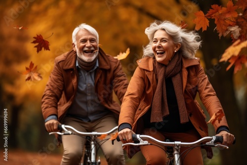 Cheerful active senior couple with bicycle in park together having fun lifestyle. Perfect activities for elderly people. Happy mature couple riding bikes, bicycles in park, falling autumn leaves.