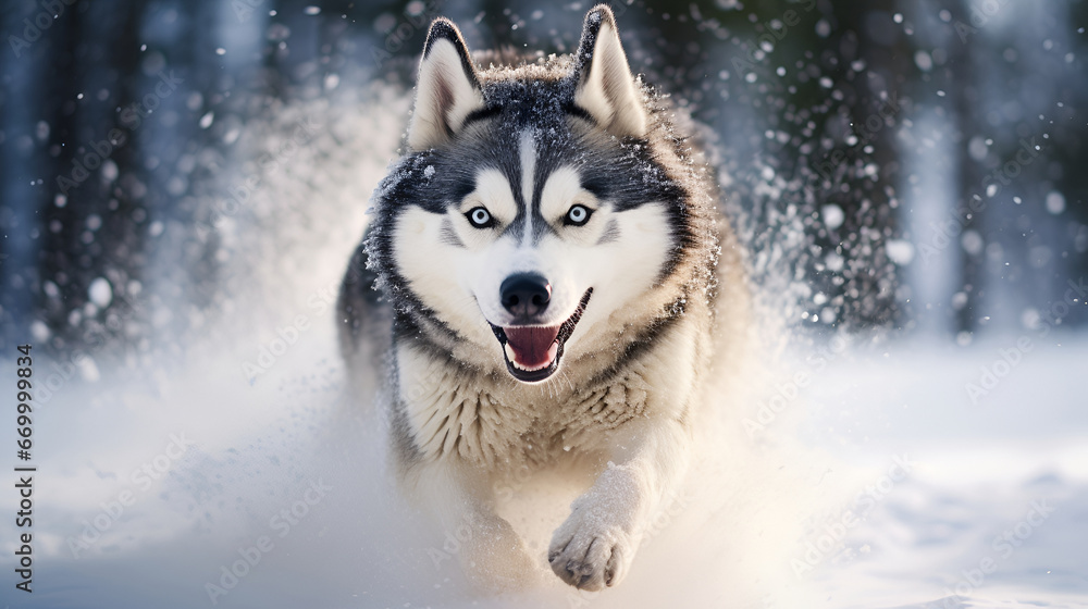 A beautiful Husky running outside in the snow. Generative AI