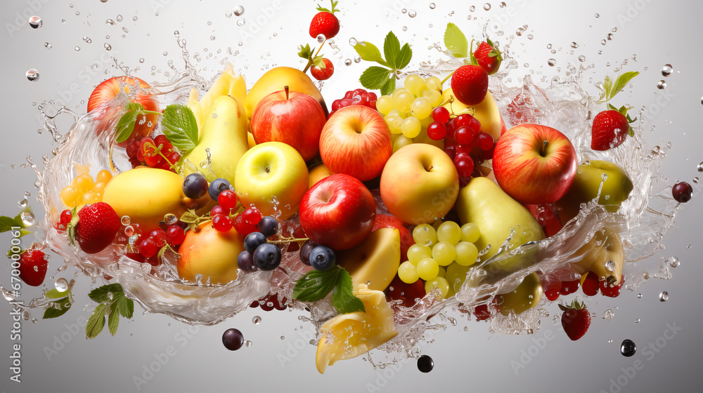 Fresh fruits falling into water with splash on white background. Healthy food concept. Generative AI technology. Fresh fruits falling into water with splash on white background. Healthy food concept. Generative AI technology.