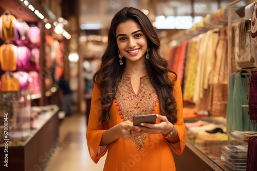 Young Indian woman using smartphone in clothing mall