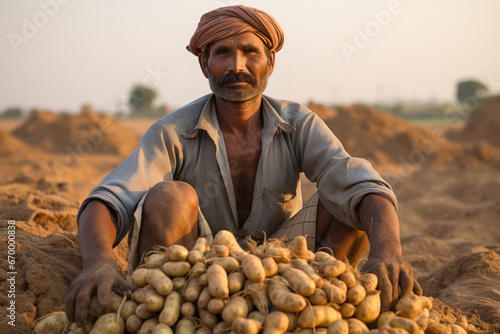 Indian farmer with a pile of fresh potatoes