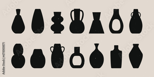 Ancient pottery set. Ceramic vase pot jar black silhouettes various shapes  hand drawn isolated icons. Vector illustration