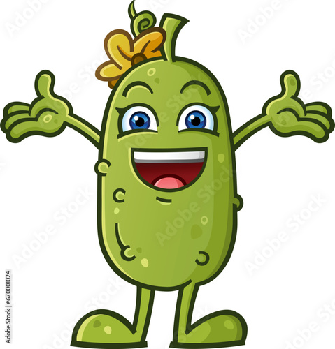 Happy smiling pickle girl cartoon character with a flower in her hair reaching out with open arms to give a giant cucumber love hug