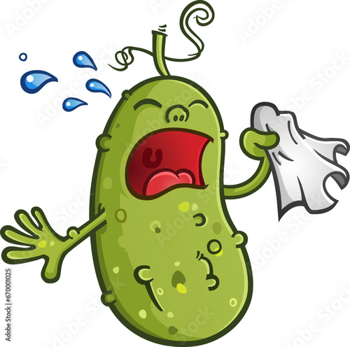 Pickle Cartoon Character weeping and sobbing into a tissue with tears streaming out of his eyes while throwing a fit
