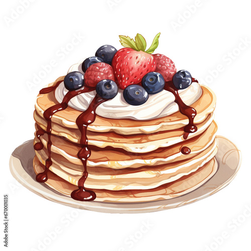 Wallpaper Mural American fluffy pancakes with strawberry, blueberry and whipped cream  on a plate, breakfast dessert, brunch sweets png isolated on a transparent background, watercolor clipart illustration Torontodigital.ca