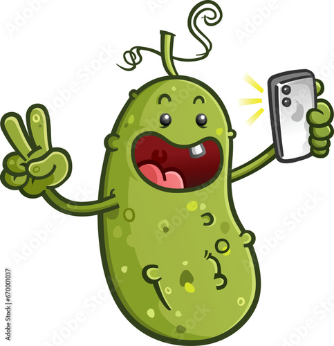 Cute childish pickle  baby influencer cartoon character posting to take a selfie with a smart phone camera for their social media followers vector clip art photo