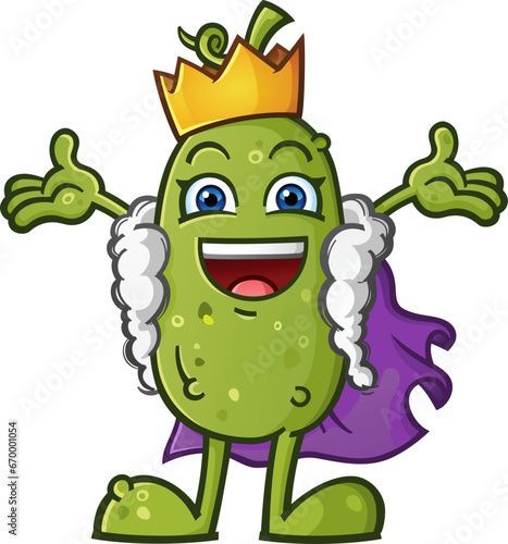 King pickle, the exalted benevolent ruler of the pickle ball kingdom offing a hug to their royal subjects and wearing a golden crown and a royal purple suede cape