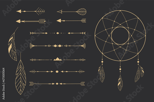 Set golden tribal dream catcher, feathers line art native arrows, dividers ethnic indian in doodle style on dark background. Geometric boho elements.