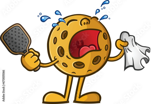 Pickleball cartoon character mascot weeping and sobbing into a tissue with tears streaming out of his eyes while throwing a fit and holding a racket because of a lost match