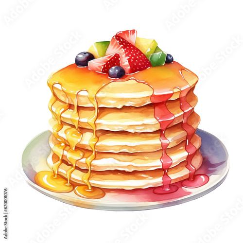 American fluffy pancakes with forest fruits and syrup on a plate, breakfast dessert, brunch sweets png isolated on a transparent background, watercolor clipart illustration